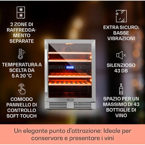 Klarstein Vinovilla 43 Built-In Duo Cantinetta Vino A Due Zone 129l 43 Bott. 3 Colori Anta In Vetro 4 Klarstein Vinovilla 43 Built-In Duo Cantinetta Vino A Due Zone 129l 43 Bott. 3 Colori Anta In Vetro - immagine 2