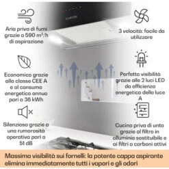 Klarstein Kronleuchter L Cappa A Isola 60cm Scarico: 590m³/h LED Touch Nero -Fornello Italia 14062087 2