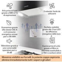 Klarstein Kronleuchter XL Cappa A Isola 90cm Scarico: 590m³/h LED Touch Nero -Fornello Italia 14062090 2