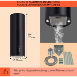 Klarstein Klarstein Beretta Cappa Aspirante A Isola Ø35cm A Ricircolo 650m³/h LED Nero 11 Klarstein Klarstein Beretta Cappa Aspirante A Isola Ø35cm A Ricircolo 650m³/h LED Nero -Fornello Italia 22853997 5