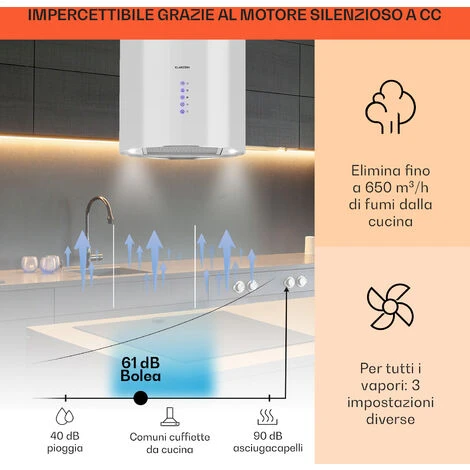 Klarstein Beretta Cappa Aspirante A Isola Ø35cm A Ricircolo 650m³/h LED Bianco 5 Klarstein Beretta Cappa Aspirante A Isola Ø35cm A Ricircolo 650m³/h LED Bianco - immagine 3