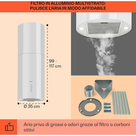 Klarstein Beretta Cappa Aspirante A Isola Ø35cm A Ricircolo 650m³/h LED Bianco 7 Klarstein Beretta Cappa Aspirante A Isola Ø35cm A Ricircolo 650m³/h LED Bianco - immagine 5