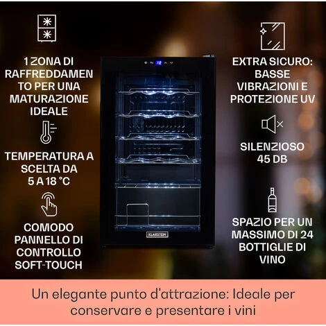 Klarstein Shiraz 24 Uno - Frigorifero Per Vini, 63 L, 24 Bottiglie, Pannello Di Controllo Touch, 5-18°C 4 Klarstein Shiraz 24 Uno - Frigorifero Per Vini, 63 L, 24 Bottiglie, Pannello Di Controllo Touch, 5-18°C - immagine 2