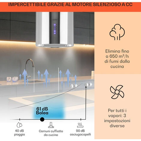 Klarstein Beretta Cappa A Isola Ø35cm Scarico/Ricircolo 650m³/h LED Acciaio Inox 5 Klarstein Beretta Cappa A Isola Ø35cm Scarico/Ricircolo 650m³/h LED Acciaio Inox - immagine 3