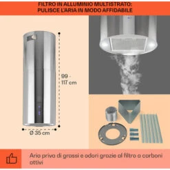 Klarstein Beretta Cappa A Isola Ø35cm Scarico/Ricircolo 650m³/h LED Acciaio Inox 11 Klarstein Beretta Cappa A Isola Ø35cm Scarico/Ricircolo 650m³/h LED Acciaio Inox -Fornello Italia 35444384 5