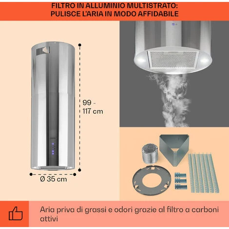 Klarstein Beretta Cappa A Isola Ø35cm Scarico/Ricircolo 650m³/h LED Acciaio Inox 7 Klarstein Beretta Cappa A Isola Ø35cm Scarico/Ricircolo 650m³/h LED Acciaio Inox - immagine 5