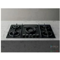 Elica NIKOLATESLA FLAME BL/A/83 Piano Cottura Aspirante A Gas Con Cappa Integrata 4 Fuochi + 1 Ausiliario Vetro Nero + Ghisa PRF0147740 -Fornello Italia 50249421 5
