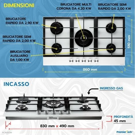PremierTech PC905GW Piano Cottura A Gas Bianco Da 90cm (86cm) 5 Fuochi In Vetro 5 PremierTech PC905GW Piano Cottura A Gas Bianco Da 90cm (86cm) 5 Fuochi In Vetro - immagine 3
