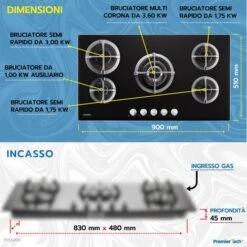 PremierTech PC5G90V Piano Cottura A Gas 5 Fuochi 90cm Vetro Nero -Fornello Italia 70294359 3