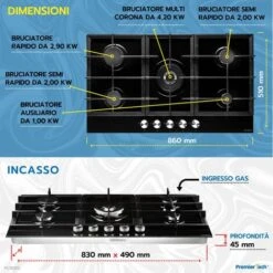 PremierTech PC905G Piano Cottura A Gas 90cm (86cm) Nero 5 Fuochi In Vetro -Fornello Italia 70294377 3