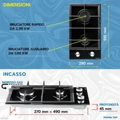 PremierTech PC302G Piano Cottura A Gas Domino 2 Fuochi 30cm Vetro Nero -Fornello Italia 70294394 3