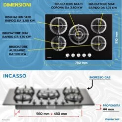 PremierTech PC5G75V Piano Cottura A Gas 5 Fuochi 75cm Vetro Nero -Fornello Italia 70294397 3