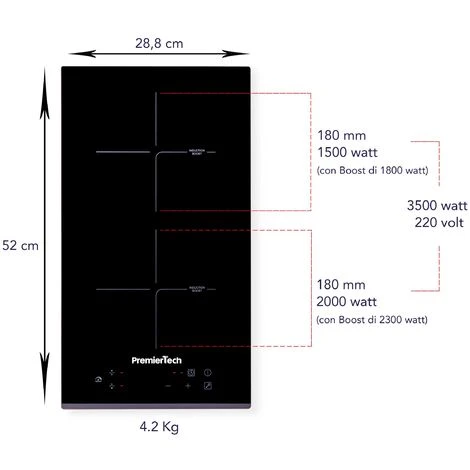 PT-PC2I PremierTech Piano Cottura Induzione 30cm 2 Fuochi Da Incasso Funzione Boost Touch Control Display Led Vetro Front Edge 5 PT-PC2I PremierTech Piano Cottura Induzione 30cm 2 Fuochi Da Incasso Funzione Boost Touch Control Display Led Vetro Front Edge - immagine 3