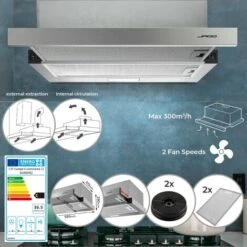 Cappa Aspirante - Estraibile, Sottopensile E Da Parete, Da 60 Cm, 2 Velocità, 300 M³/h, Scarico Esterno E Ricircolo, 2 Filtri A