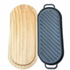 MINKUROW Bistecchiera A Piastra Piana In Ghisa Con Vassoio In Legno Piastra Teppanyaki Antiaderente Per Cucina Domestica