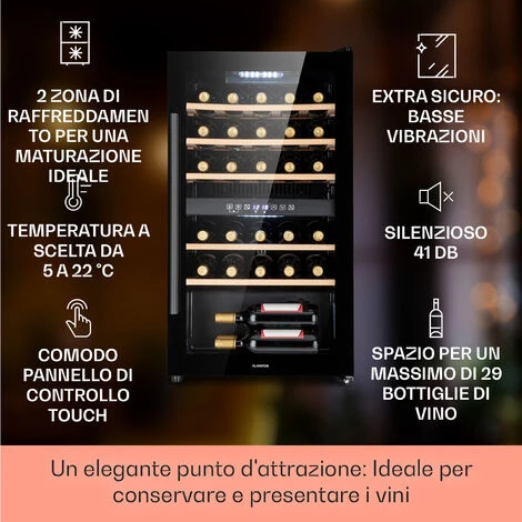 Klarstein Barossa 29 Duo - Frigorifero Per Vini, 29 Bottiglie, 80 Litri, 2 Zone, Controllo Tramite Pulsanti 4 Klarstein Barossa 29 Duo - Frigorifero Per Vini, 29 Bottiglie, 80 Litri, 2 Zone, Controllo Tramite Pulsanti - immagine 2