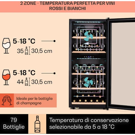 Klarstein Vinamour 66 Duo - Frigorifero Per Vini, 2 Zone, 204 L/79 Bottiglie, 5-18 °C, Touch 5 Klarstein Vinamour 66 Duo - Frigorifero Per Vini, 2 Zone, 204 L/79 Bottiglie, 5-18 °C, Touch - immagine 3